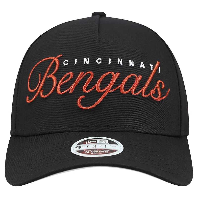 Casquette ajustable New Era noire métallisée 9FORTY M-Crown A-Frame pour femme des Bengals de Cincinnati