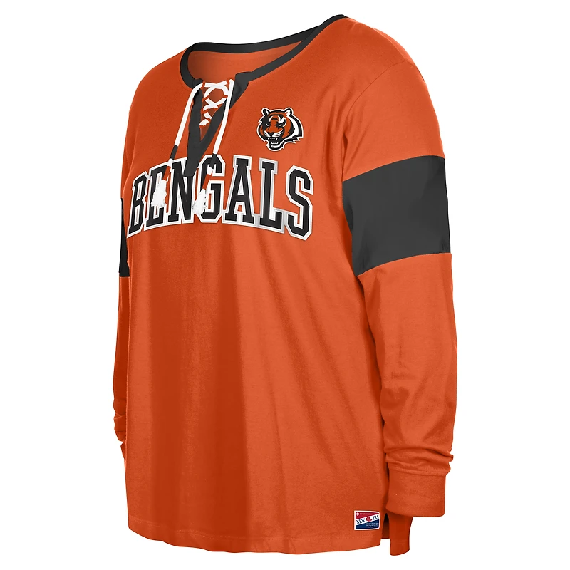 T-shirt à manches longues lacets et col cranté grande taille New Era pour femme, orange, Cincinnati Bengals
