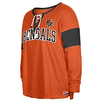 T-shirt à manches longues lacets et col cranté grande taille New Era pour femme, orange, Cincinnati Bengals