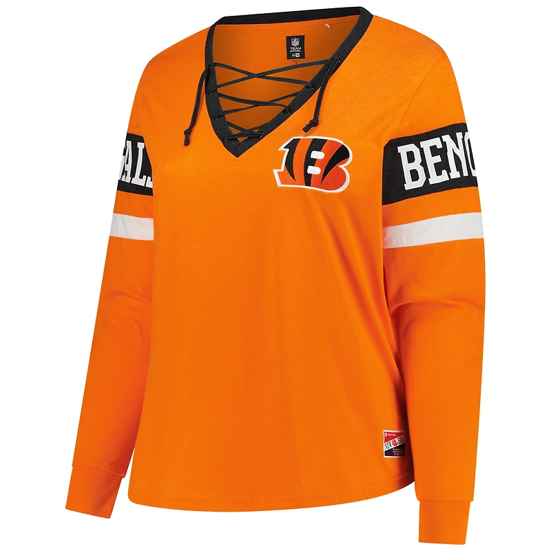 T-shirt à manches longues lacets rétro orange Cincinnati Bengals pour femme New Era, grande taille