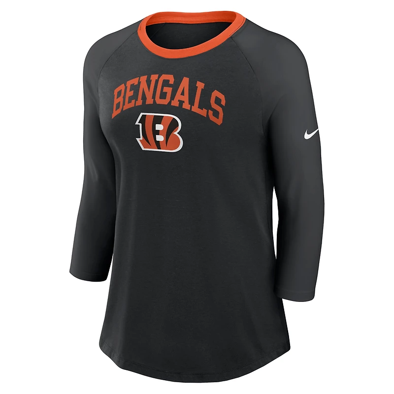 T-shirt à manches 3/4 Nike noir Cincinnati Bengals Raglan pour femme
