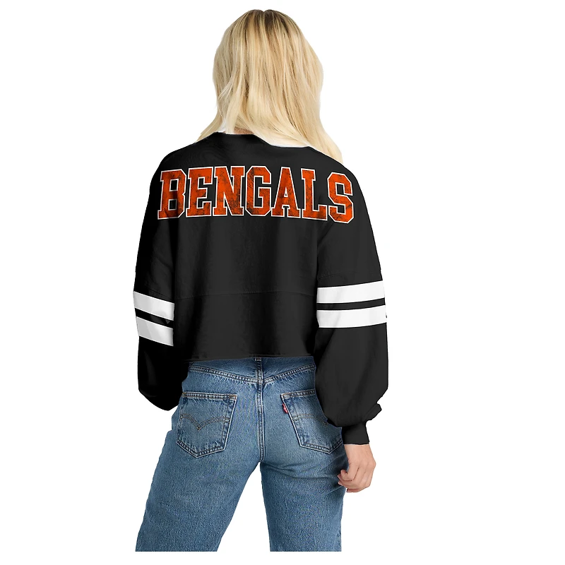 Women's Spirit Jersey Black Cincinnati Bengals Oversized Cropped Stripe Long Sleeve T-Shirt