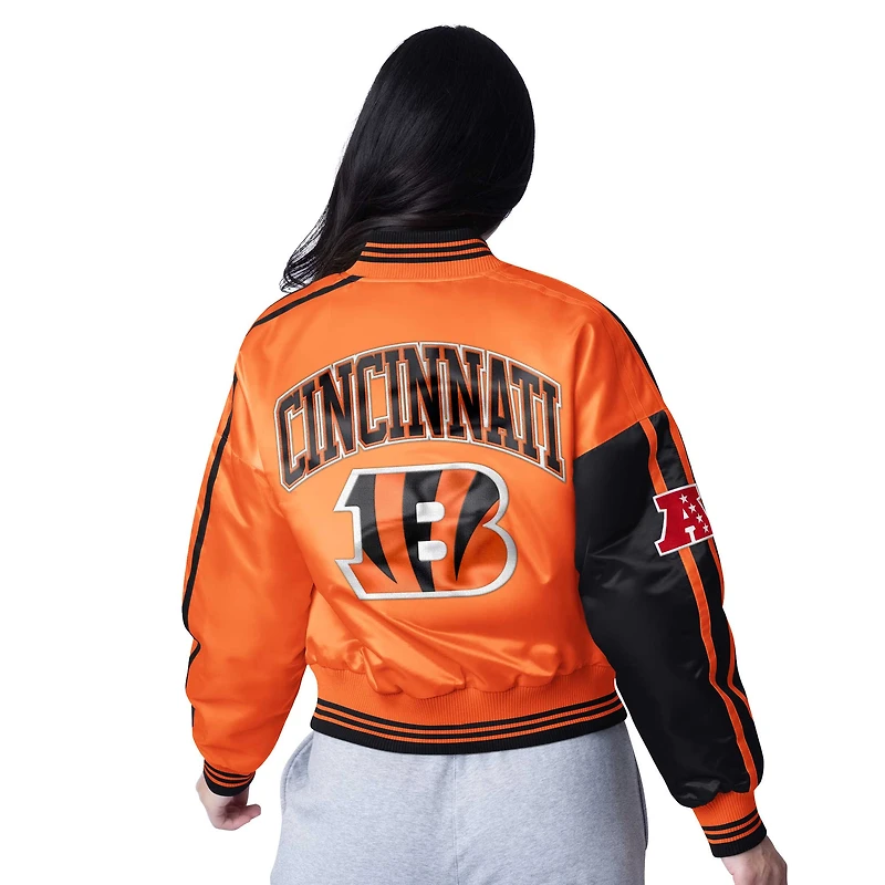 Women's Starter  Black/Orange Cincinnati Bengals Zone Blitz Cropped Full-Snap Satin Jacket
