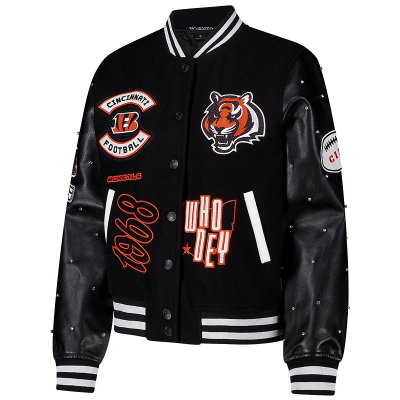 Women's The Wild Collective Black Cincinnati Bengals Varsity Full-Snap Sparkle Jacket