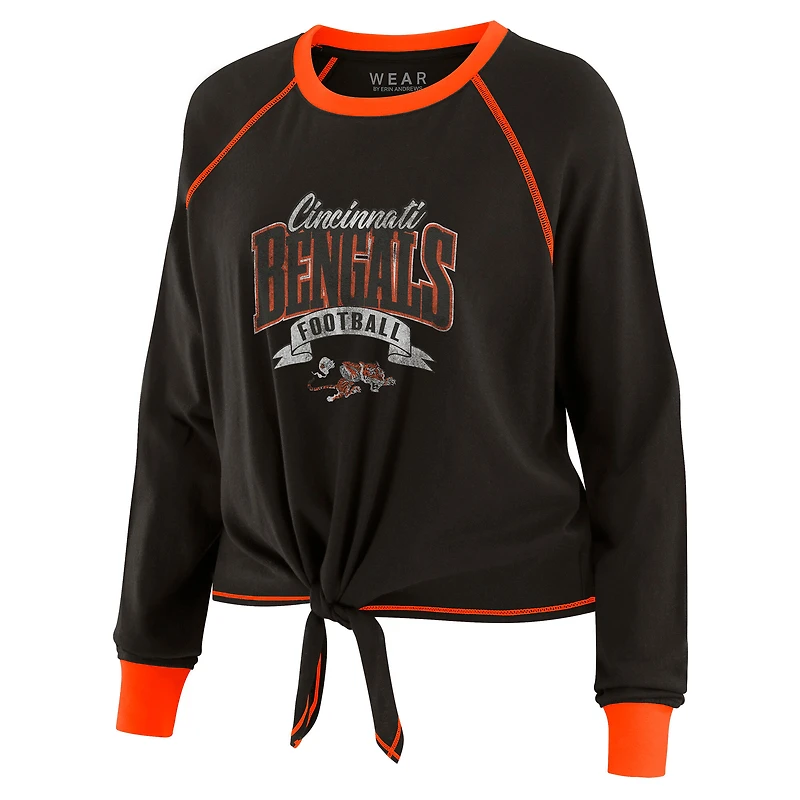 Haut à manches longues noué sur le devant noir/orange pour femme WEAR by Erin Andrews des Bengals de Cincinnati