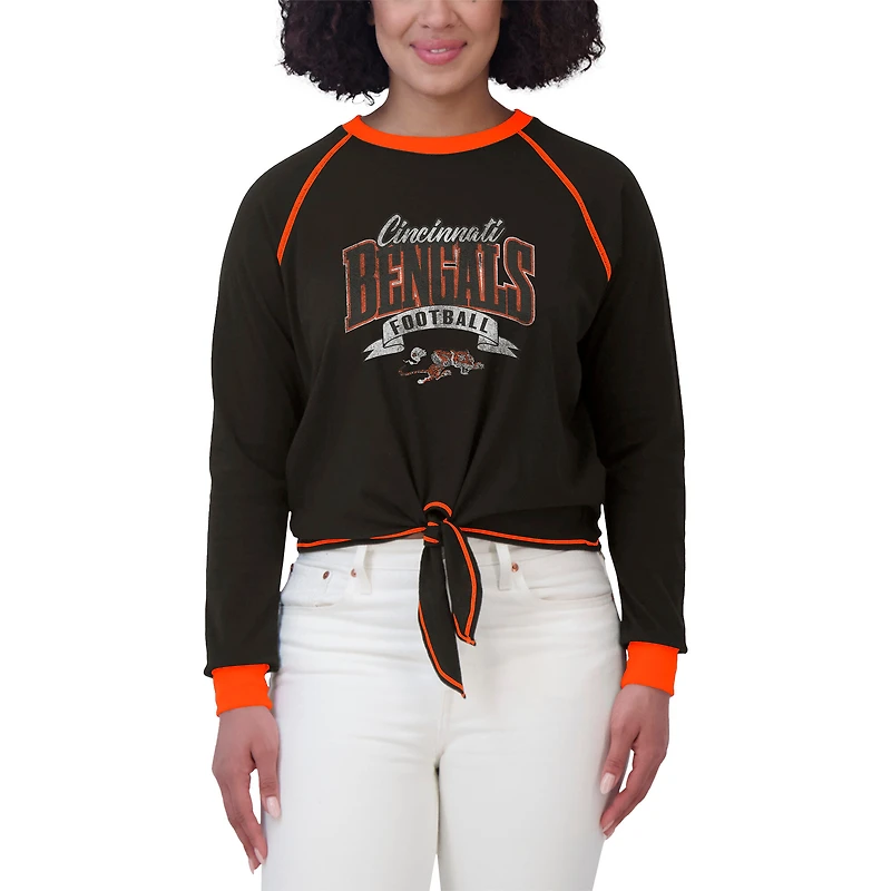Women's WEAR by Erin Andrews Black/Orange Cincinnati Bengals Plus Tie-Front Long Sleeve Top