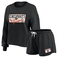 Women's WEAR by Erin Andrews Black Cincinnati Bengals Heavy Rugby Jersey Long Sleeve T-Shirt & Shorts Lounge Set