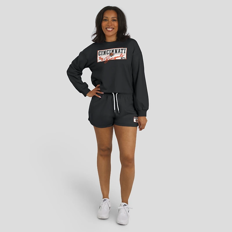 Women's WEAR by Erin Andrews Black Cincinnati Bengals Heavy Rugby Jersey Long Sleeve T-Shirt & Shorts Lounge Set