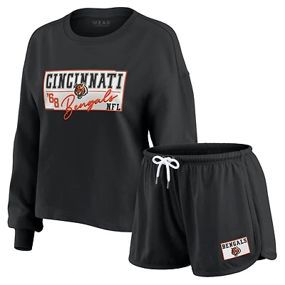 Women's WEAR by Erin Andrews Black Cincinnati Bengals Heavy Rugby Jersey Long Sleeve T-Shirt & Shorts Lounge Set