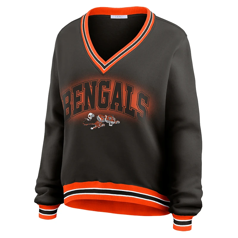 Women's WEAR by Erin Andrews Black Cincinnati Bengals Oversized Long Sleeve V-Neck Sweatshirt
