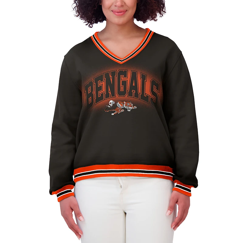 Women's WEAR by Erin Andrews Black Cincinnati Bengals Oversized Long Sleeve V-Neck Sweatshirt