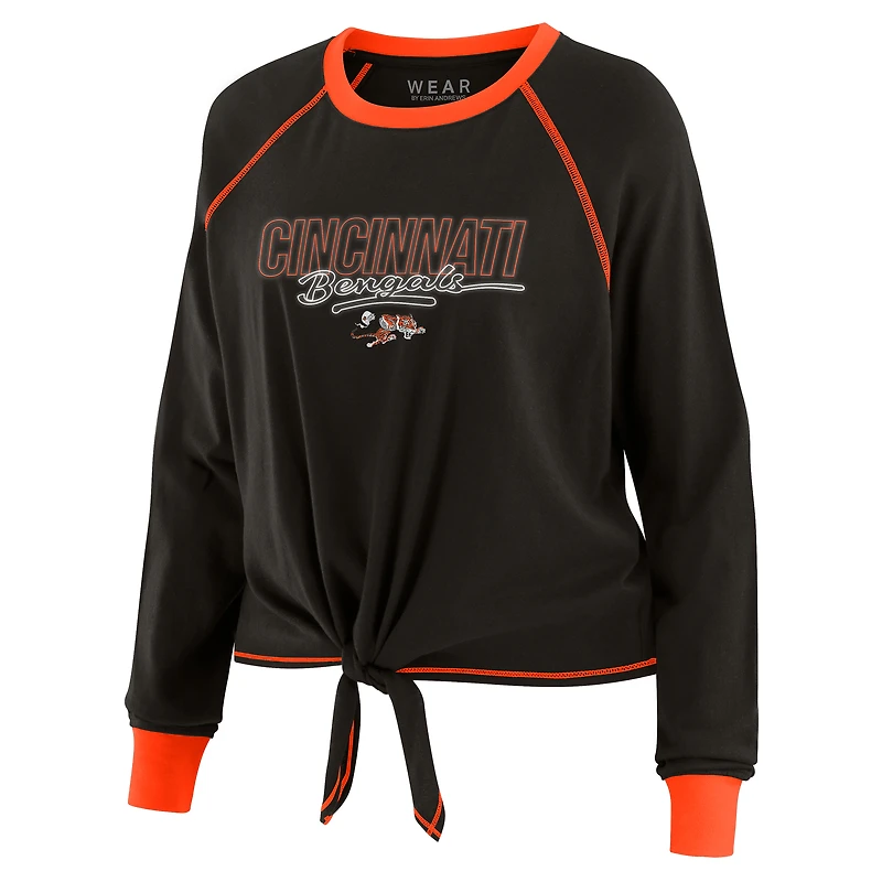 T-shirt à manches longues et nouer sur le devant pour femme WEAR by Erin Andrews, noir, des Bengals de Cincinnati