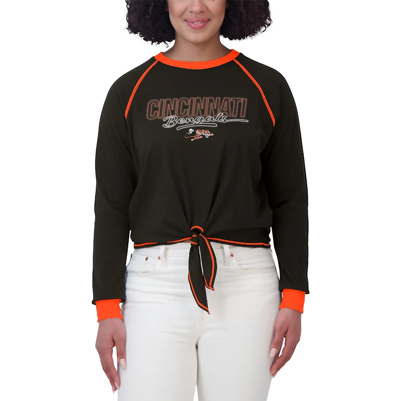 T-shirt à manches longues et nouer sur le devant pour femme WEAR by Erin Andrews, noir, des Bengals de Cincinnati
