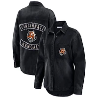 Women's WEAR by Erin Andrews Black Cincinnati Bengals Washed Oversized Denim Full-Snap Shacket