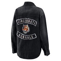 Women's WEAR by Erin Andrews Black Cincinnati Bengals Washed Oversized Denim Full-Snap Shacket