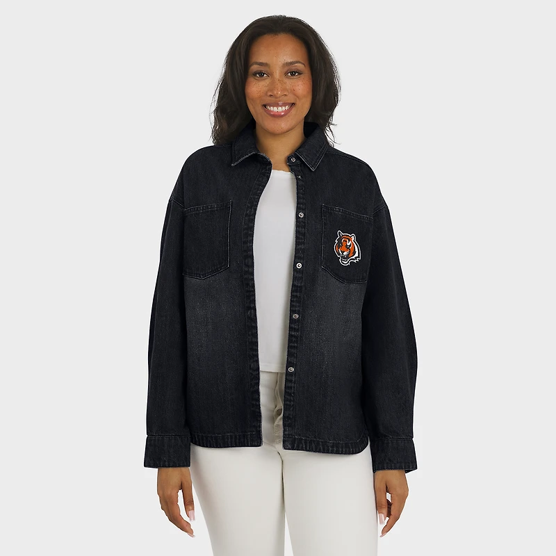 Women's WEAR by Erin Andrews Black Cincinnati Bengals Washed Oversized Denim Full-Snap Shacket