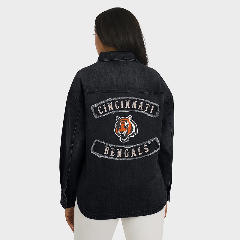Women's WEAR by Erin Andrews Black Cincinnati Bengals Washed Oversized Denim Full-Snap Shacket