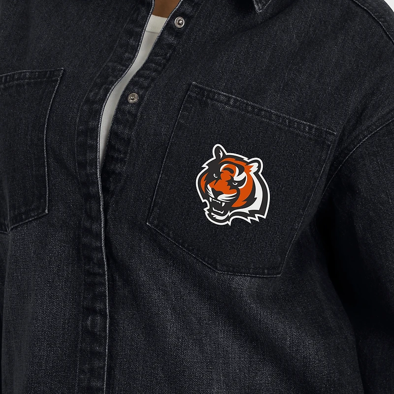 Women's WEAR by Erin Andrews Black Cincinnati Bengals Washed Oversized Denim Full-Snap Shacket