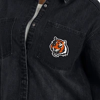 Women's WEAR by Erin Andrews Black Cincinnati Bengals Washed Oversized Denim Full-Snap Shacket