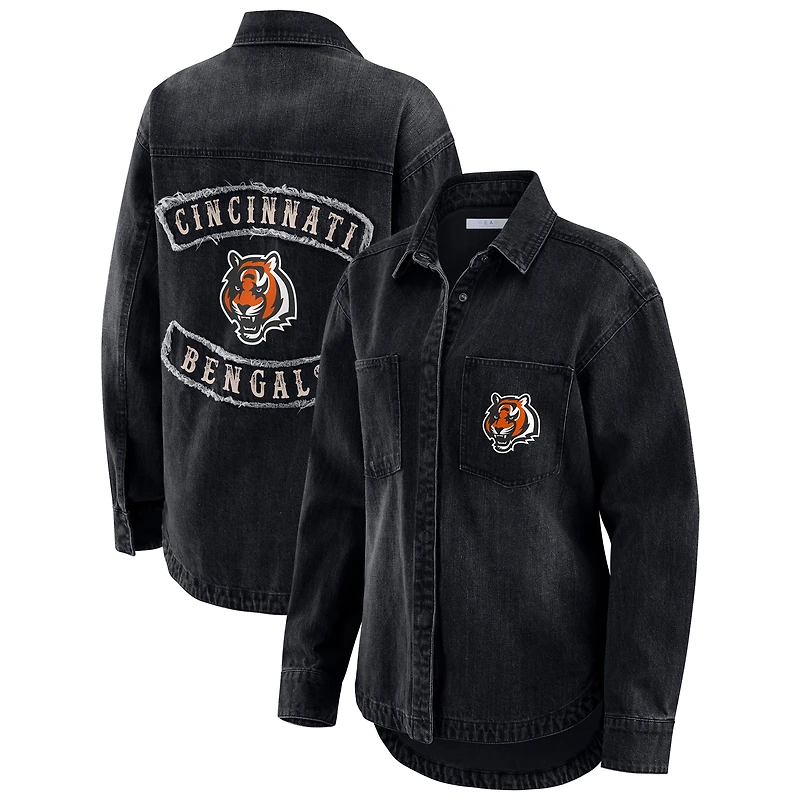 Veste-chemise oversize en denim noir délavé à boutons-pression pour femme WEAR by Erin Andrews des Bengals de Cincinnati