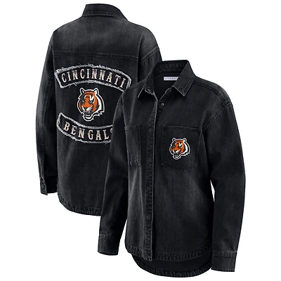 Veste-chemise oversize en denim noir délavé à boutons-pression pour femme WEAR by Erin Andrews des Bengals de Cincinnati