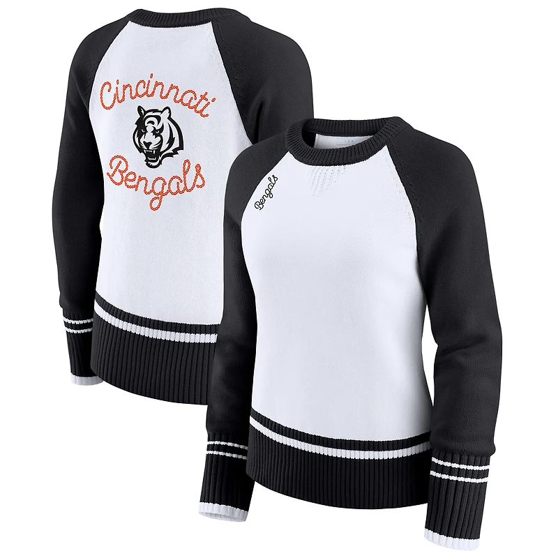 Women's WEAR by Erin Andrews White/Black Cincinnati Bengals Colorblock Raglan Sweater
