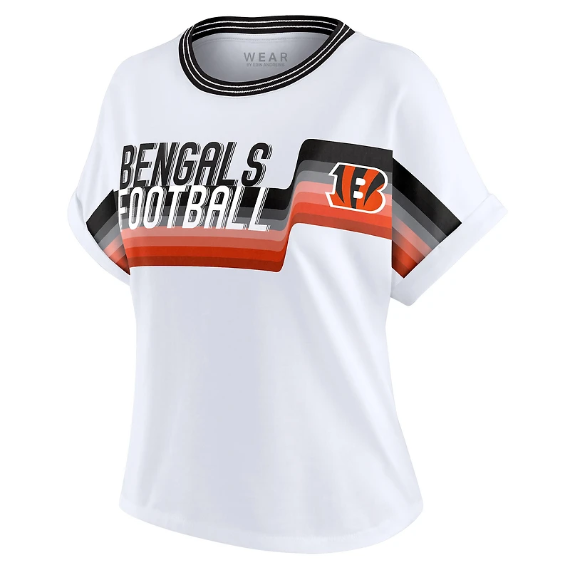 T-shirt court à rayures centrales blanc pour femme WEAR by Erin Andrews, motif Dolman des Bengals de Cincinnati