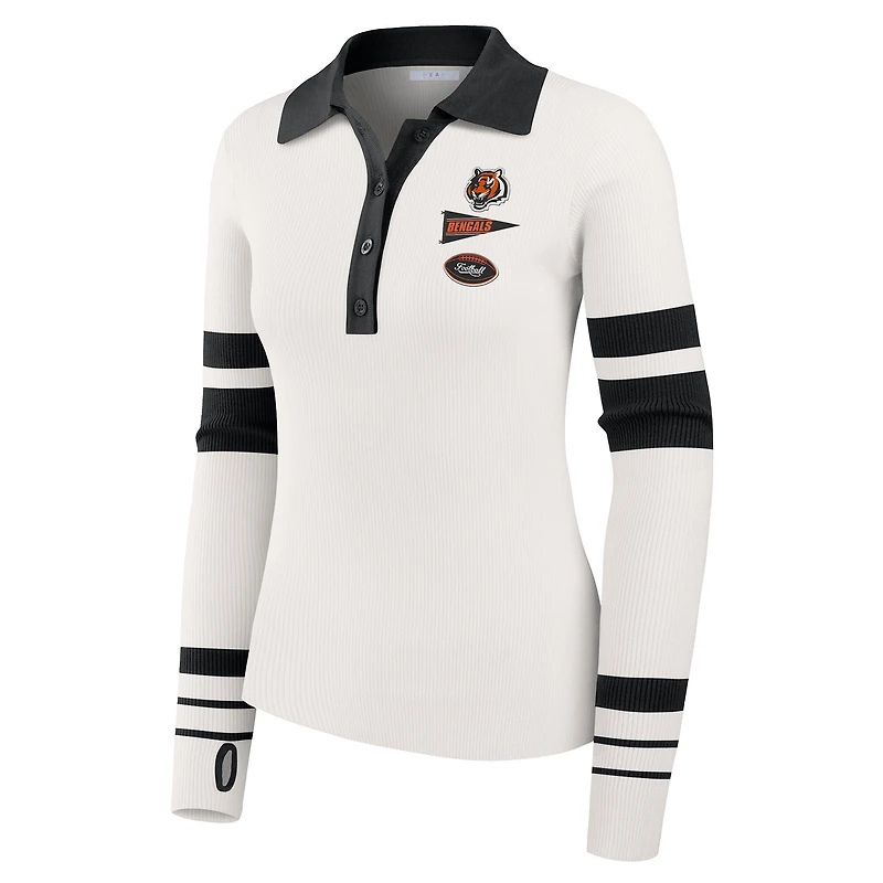 Women's WEAR by Erin Andrews White Cincinnati Bengals Ribbed Henley Polo Sweater