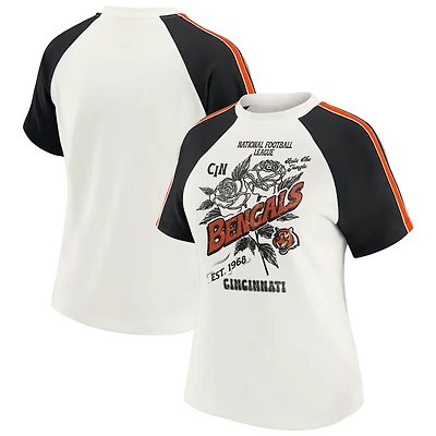 T-shirt raglan blanc à rayures et manches vieillies pour femme WEAR by Erin Andrews, équipe des Bengals de Cincinnati