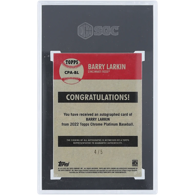 Barry Larkin Cincinnati Reds Autographed 2022 Topps Chrome Platinum Anniversary Red Refractor #CPA-BL #4/5 SGC Authenticated 9/10 Card