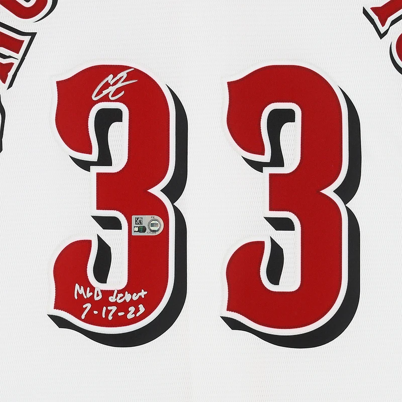 Maillot Nike blanc dédicacé par Christian Encarnacion-Strand des Reds de Cincinnati avec inscription « MLB Debut 7-17-23 »