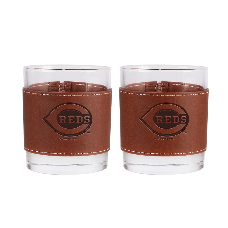Lot de 2 verres à whisky Cincinnati Reds de 12 oz avec emballage en cuir