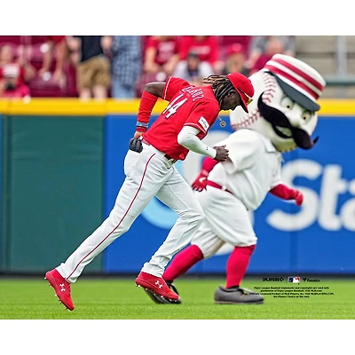 Elly De La Cruz Cincinnati Reds Unsigned Running with Mr. Redlegs Photograph