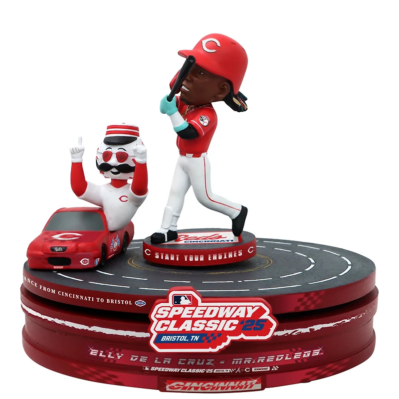 Figurine à tête branlante FOCO Elly De La Cruz des Cincinnati Reds 2025 MLB Speedway Classic Racetrack à double rotation