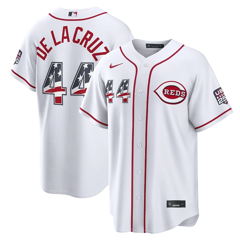 Maillot Nike blanc USA 250 Stadium pour homme des Reds De Cincinnati, édition spéciale 4 juillet, porté par Elly La Cruz