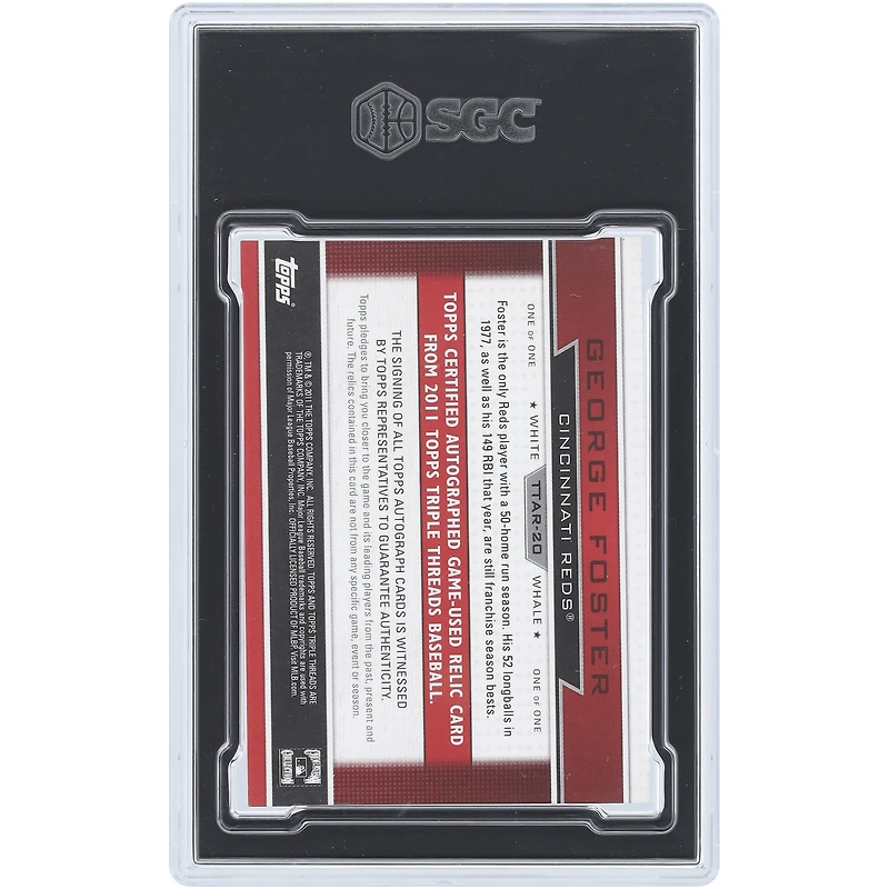 George Foster Cincinnati Reds Autographié 2011 Topps Triple Threads Magenta Impression Plate White Whale Bat Relic #TTAR-20 #1/1 SGC Authentifié Auth/Auto 10 Carte