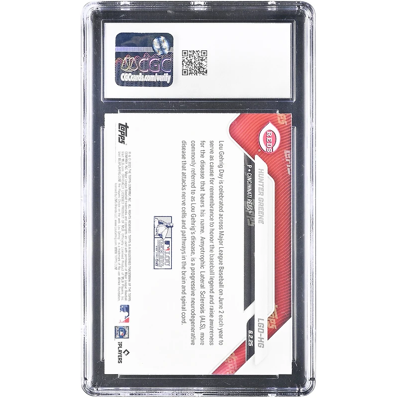 Carte Hunter Greene Cincinnati Reds 2025 Topps Now Lou Gehrig Day #LGD-HG authentifiée CGC 9.5