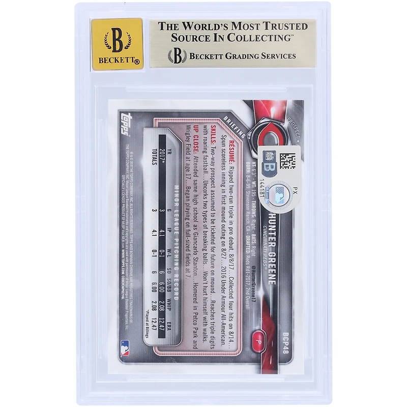 V106832 REDS Hunter Greene Cincinnati Reds Carte de recrue autographiée 2018 Bowman Chrome Prospects #BCP48 Beckett Fanatics Witnessed Authenticated 9.5/10 Hunter Greene AUT BWM TRADING CARDS 45646 AUTTRC CA01B00073 #2