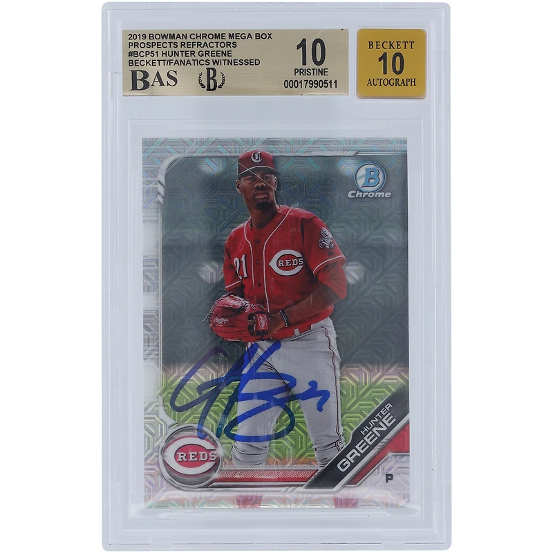 Hunter Greene Cincinnati Reds 2019 Bowman Chrome Prospects Mega Box Refractor #BCP-51 Beckett Fanatics Witnessed Authenticated 10/10 Card - 10,10,10,9.5 Subgrades