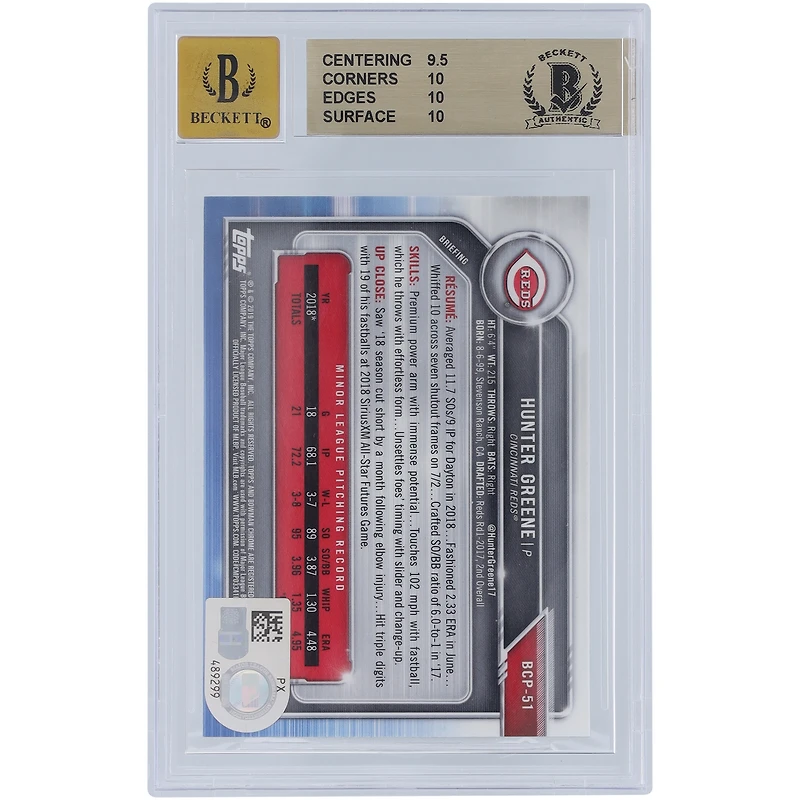 Hunter Greene Cincinnati Reds 2019 Bowman Chrome Prospects Mega Box Refractor #BCP-51 Beckett Fanatics Witnessed Authenticated 10/10 Card - 9.5,10,10,10 Subgrades