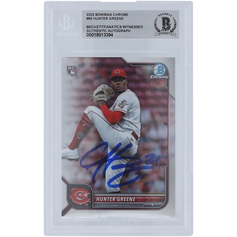 Carte de recrue authentifiée signée Hunter Greene Cincinnati Reds 2022 Bowman Chrome #95 Beckett Fanatics