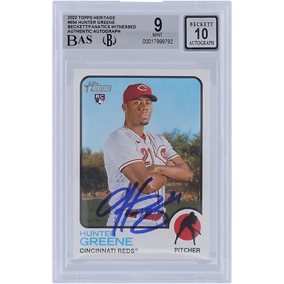 Carte de recrue 9/10 autographiée par Hunter Greene Cincinnati Reds, Topps Heritage 2022 n° 694, Beckett Fanatics, témoin