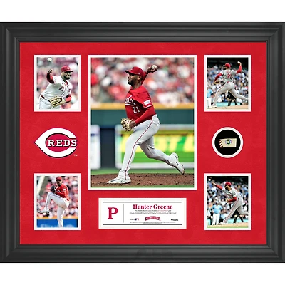 Collage encadré de 5 photos de Hunter Greene Cincinnati Reds avec un morceau de ballon utilisé lors du match