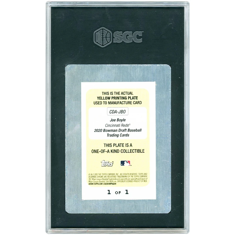 Carte autographiée de Joe Boyle (Reds de Cincinnati) 2020 Bowman Chrome Draft, impression jaune, numéro CDA-JBO, numéro 1/1, authentifiée SGC.