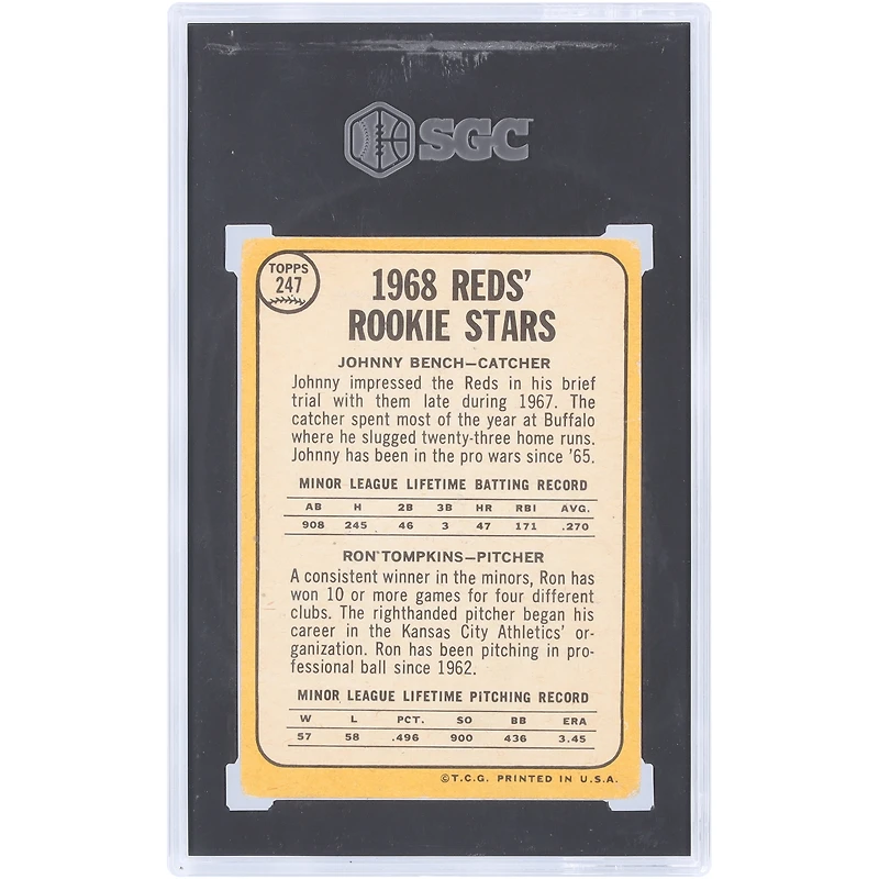 Carte de recrue authentifiée 2.5 de Johnny Bench Cincinnati Reds 1968 Topps #247 SGC