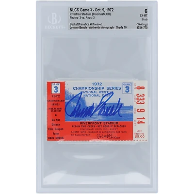 Johnny Bench Cincinnati Reds 1972 NLCS Game 3 Beckett Fanatics Witnessed Authentifié 6/10 Ticket du 9 octobre 1972