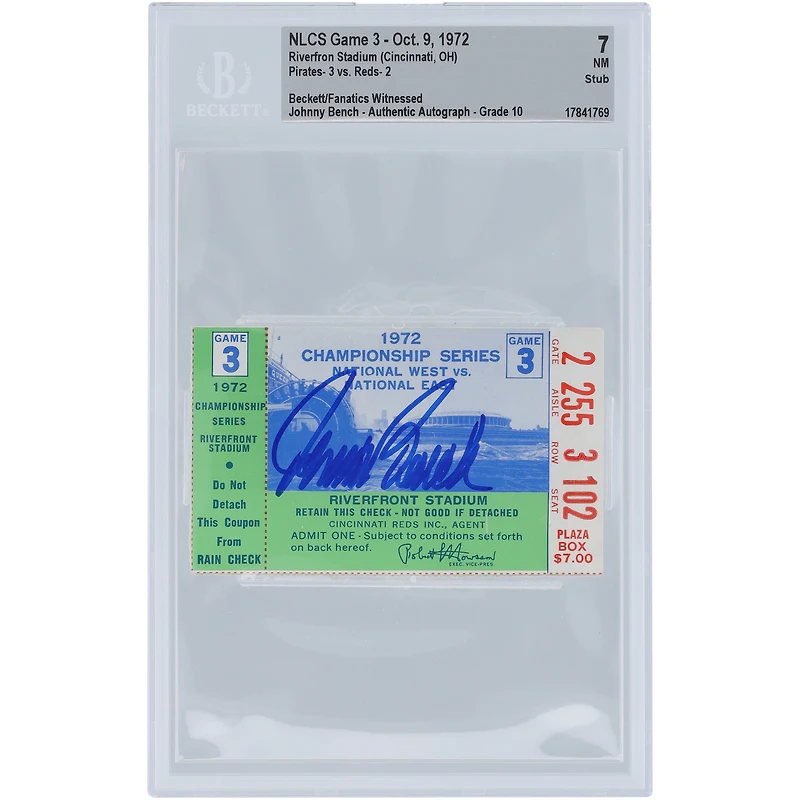 Johnny Bench Cincinnati Reds 1972 NLCS Game 3 Beckett Fanatics Witnessed Authenticated 7/10 Ticket from October 9, 1972