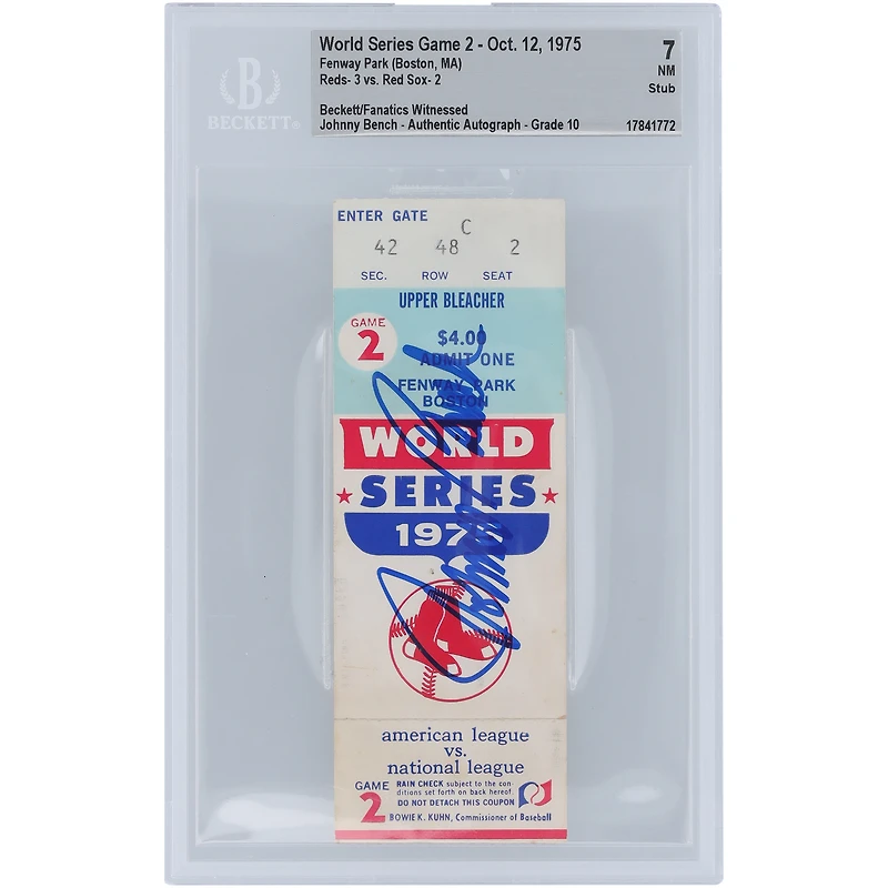 Johnny Bench Cincinnati Reds 1975 World Series Game 2 Beckett Fanatics Witnessed Authenticated 7/10 Ticket from October 12, 1975