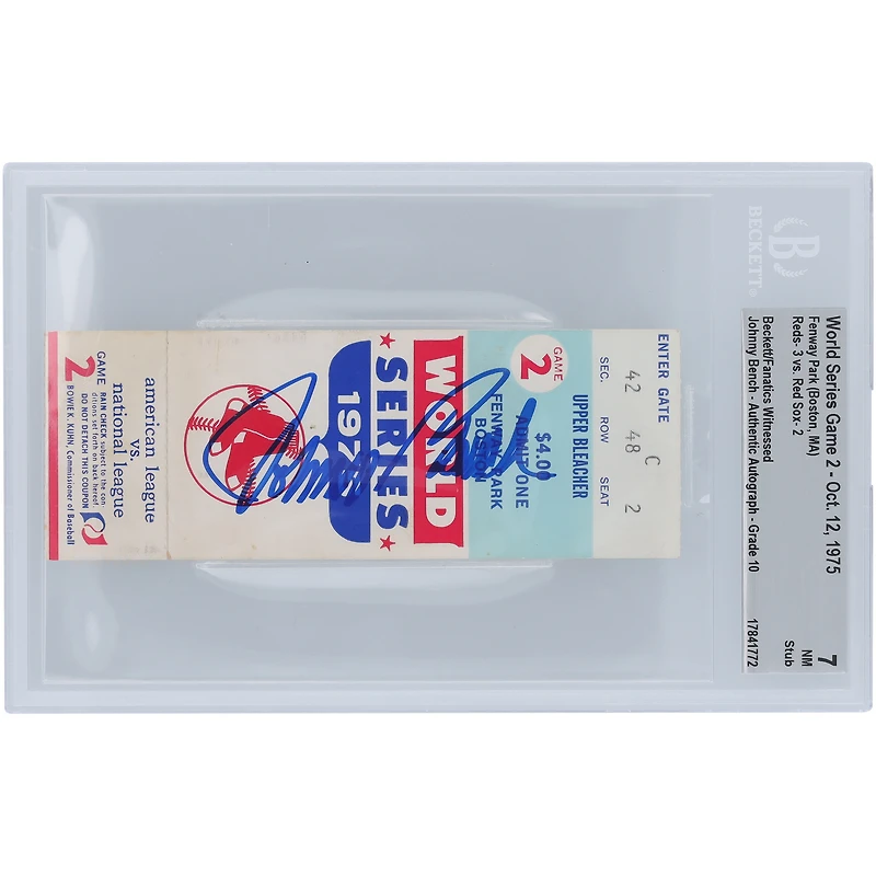 Johnny Bench Cincinnati Reds World Series Game Beckett Fanatics Witnessed Authentifié 7/10 Ticket du octobre