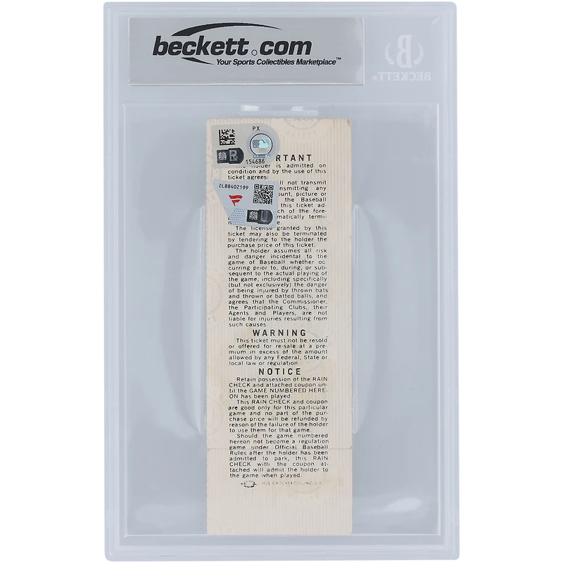Johnny Bench Cincinnati Reds 1976 World Series Game 3 Beckett Fanatics Witnessed Authentifié 7/10 Ticket du 19 octobre 1976
